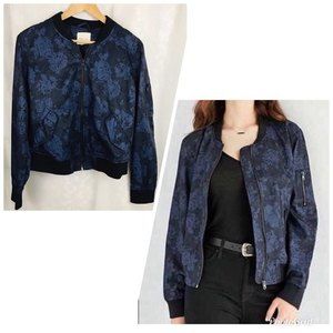 Silence + Noise Blue Satin Floral Bomber Jacket Small